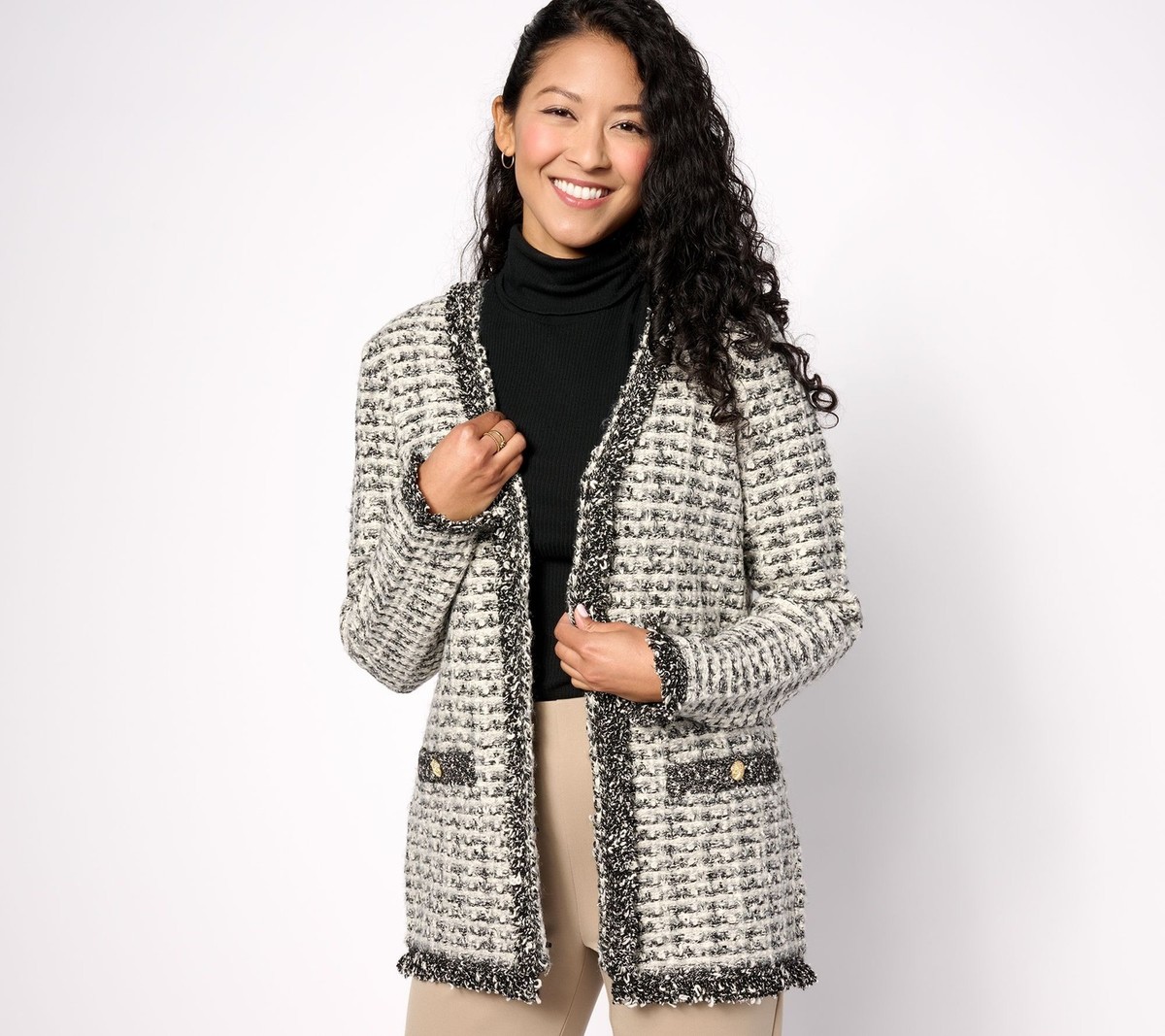 Isaac Mizrahi Live! Fringe Trim Tweed Jacket w/Pockets Black L New