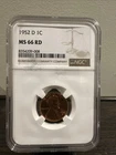 1952-D Lincoln Wheat Cent NGC MS66 RD