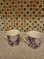sainsburys PURPLE FLORAL porcelain Mugs 8cm high 8.5cm diam highly detailed PAIR