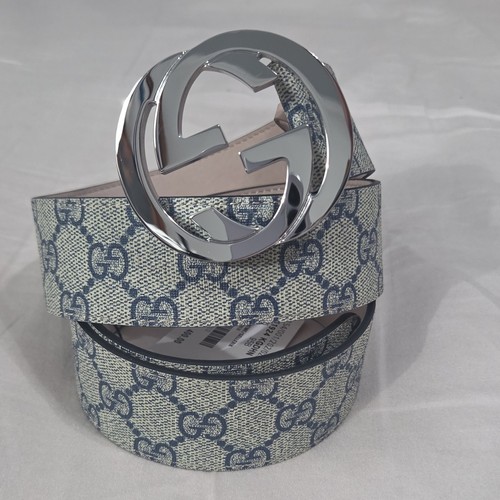 Authentic Gucci Monogram Blue Beige GG Belt Silver Buckle 32-34 IT 95CM