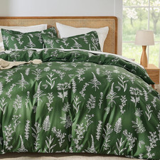 Duvet Cover Queen Size, Reversible Floral Dark Green Duvet Cover Set with Zipper