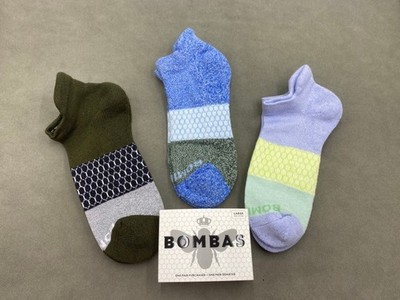 3 Pairs Bombas Multicolor Men Tri-Block Marl Honeycomb Ankle Socks Size L