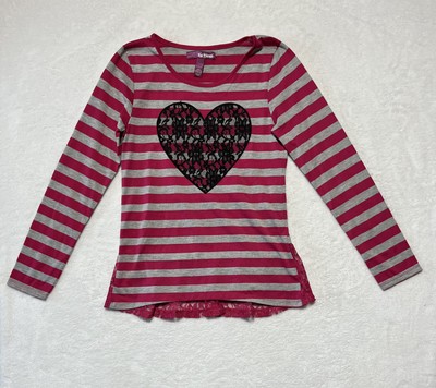 Epic Threads Shirt Girls Large Pink Gray Striped Lace Heart Long Sleeve Top
