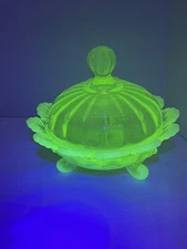 3 Footed Mosser Glass Covered Candy Dish Uranium Vaseline Opalescent Glass