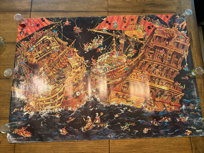 Sea Battle Jean-Jacques Loup Poster 1973 Cartoon 27'' x 38  REPAIRED