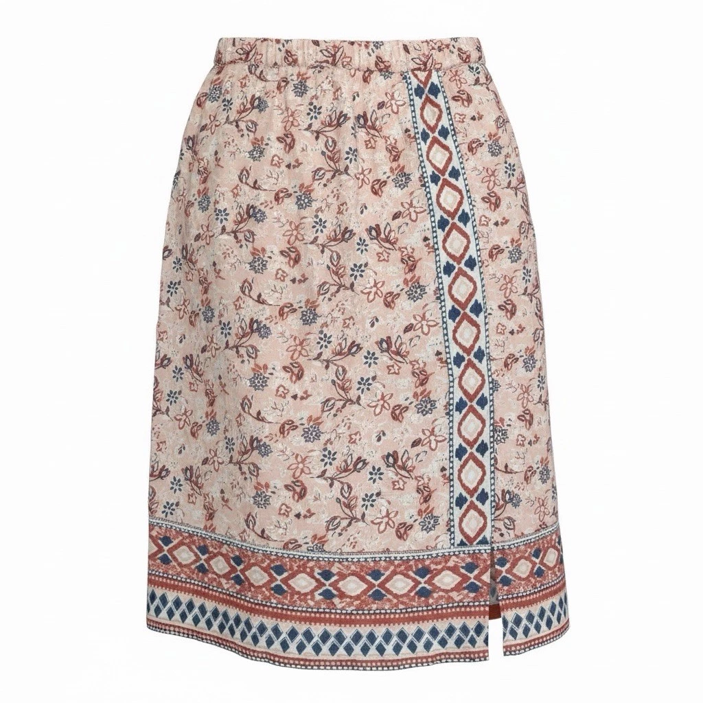 Coldwater Creek 100% Linen Floral Pink Midi Skirt Size PM Boho, Front Slit