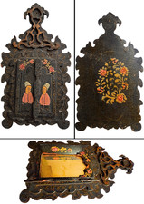 Antico mobiletto indo-persiano specchio dipinto a mano doppia anta legno intagliato