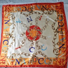 Vntge NINA RICCI Silk Satin Ivory Orange Scarf 35in Rings Chains-Ships from USA
