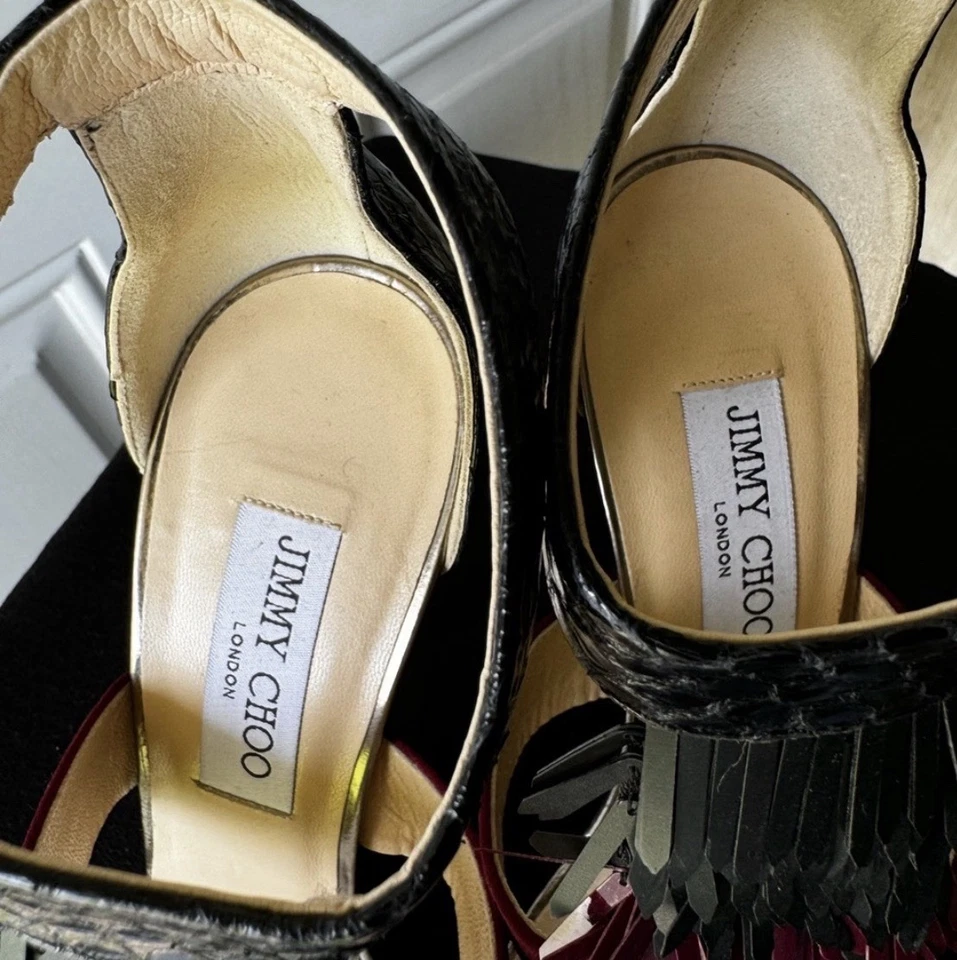 Jimmy Choo "Vibe" Tricolor Python, Satin, Leather Fringe Sandal - Size 8.5 (US - Image 4 of 4