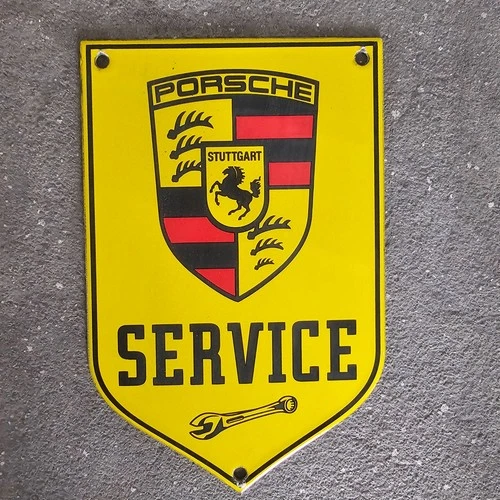 VINTAGE DIE CUT PORSCHE SERVI OLD US GASOLINE OIL GAS PUMP ENAMEL PORCELAIN SIGN