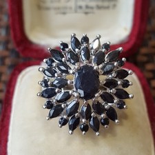 Statement Cocktail Ring Sterling Silver Black Sapphires Cluster UK Size K.5
