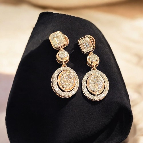 Pave 1,25 TCW runde Baguetteschliff Diamanten Ohrhänger Punze 14K Rotgold - Bild 1 von 15