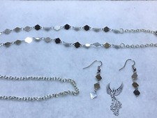Face Mask/Glasses Silver Tone Rhombus 6mm Chain Lanyard And Earrings Set