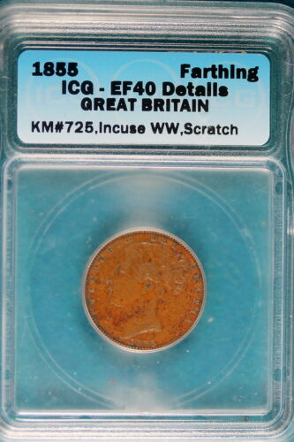 1855 ICG EF40 Details Great Britain  Farthing KM#725 Incuse WW, Scratch!! #B6767 - Afbeelding 1 van 2