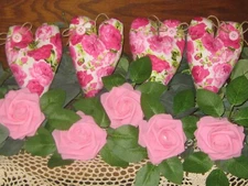 Pink Cottage 4 Fabric Hearts 5 Roses Bowl Fillers Valentine Gift Wreath Accents