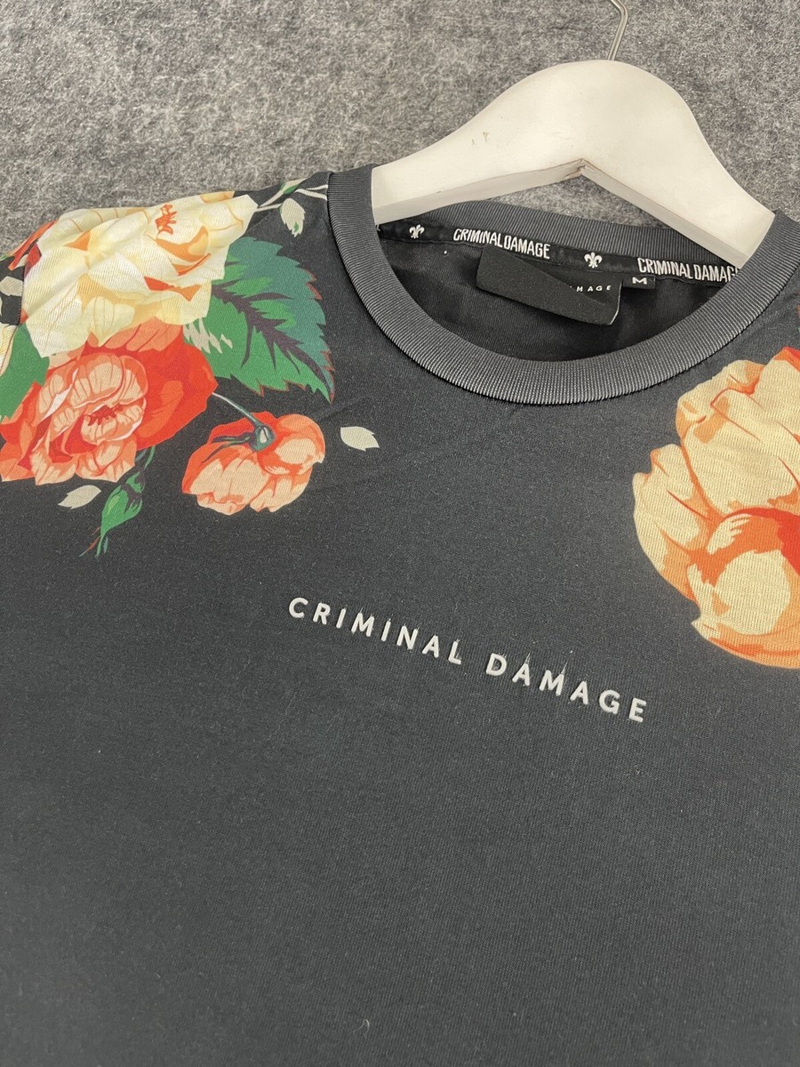 CRIMINAL DAMAGE Shirt Mens Medium Tee Floral Navy Blue Crew