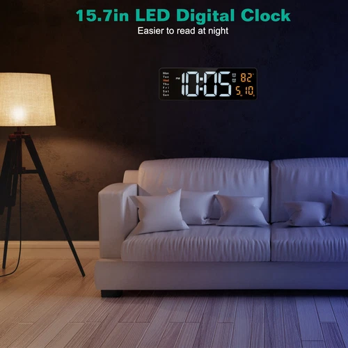 16" Digital LED Desk Alarm Clock Large LCD Display Wall Clock Temperature Date - Picture 3 of 15