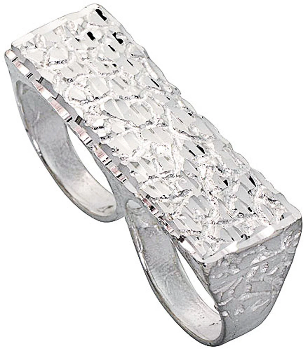Men Women Sterling Silver Rhodium Plated Two Finger Oblong Nugget Ring 14mm Band