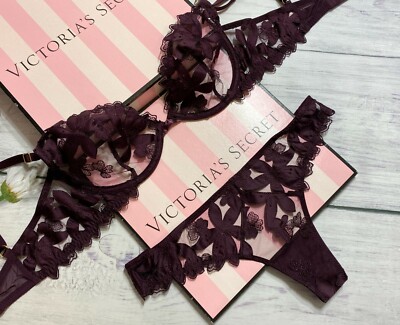 Victorias Secret LUXE Unlined Floral Embroidered Balconette Bra Set Dark Violet 