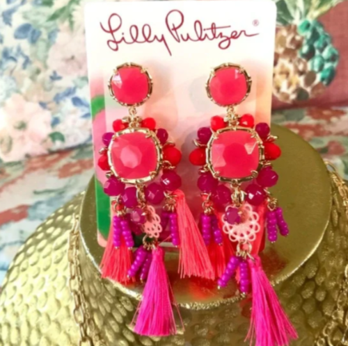 LILLY PULITZER EARRINGS 🩷NWT ISLAND EXOTIC TROPICAL Hot Pink TASSEL BEAD POST - Picture 5 of 10