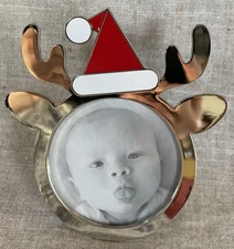 Crate & Barrel Silver Reindeer Santa Hat Picture Frame Christmas 5.5” T In Box