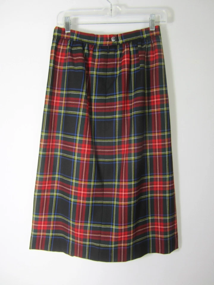 Vtg Lands End Womens P 8 Red Green Tartan Plaid Wool Pleated Midi Skirt Scotland - Image 2 of 4