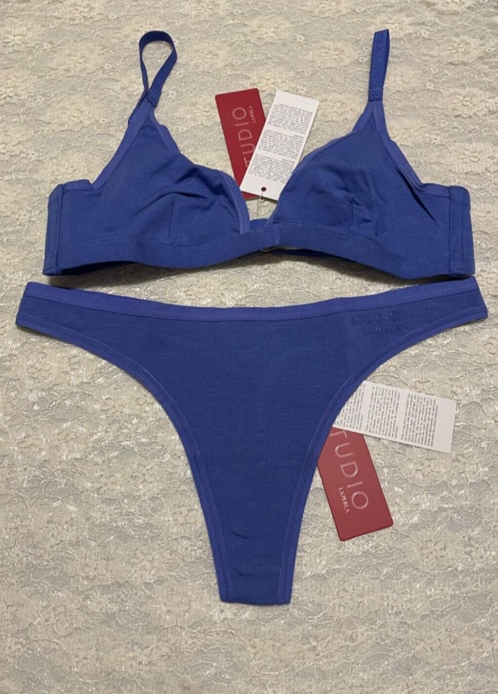 La Perla Clara Triangle Bra Thong Panty Set 32B XS Periwinkle Blue Wire Free
