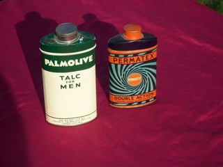 Permatex and Palmolive vintage tin cans