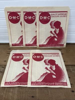 Vintage Lot of 5 French Paper Embroidery Floss Sacks Bags - D.M.C Made in France
