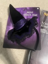Witch Mini Hat Headband Halloween Costume Fabric Lace Trim Black Purple One Size