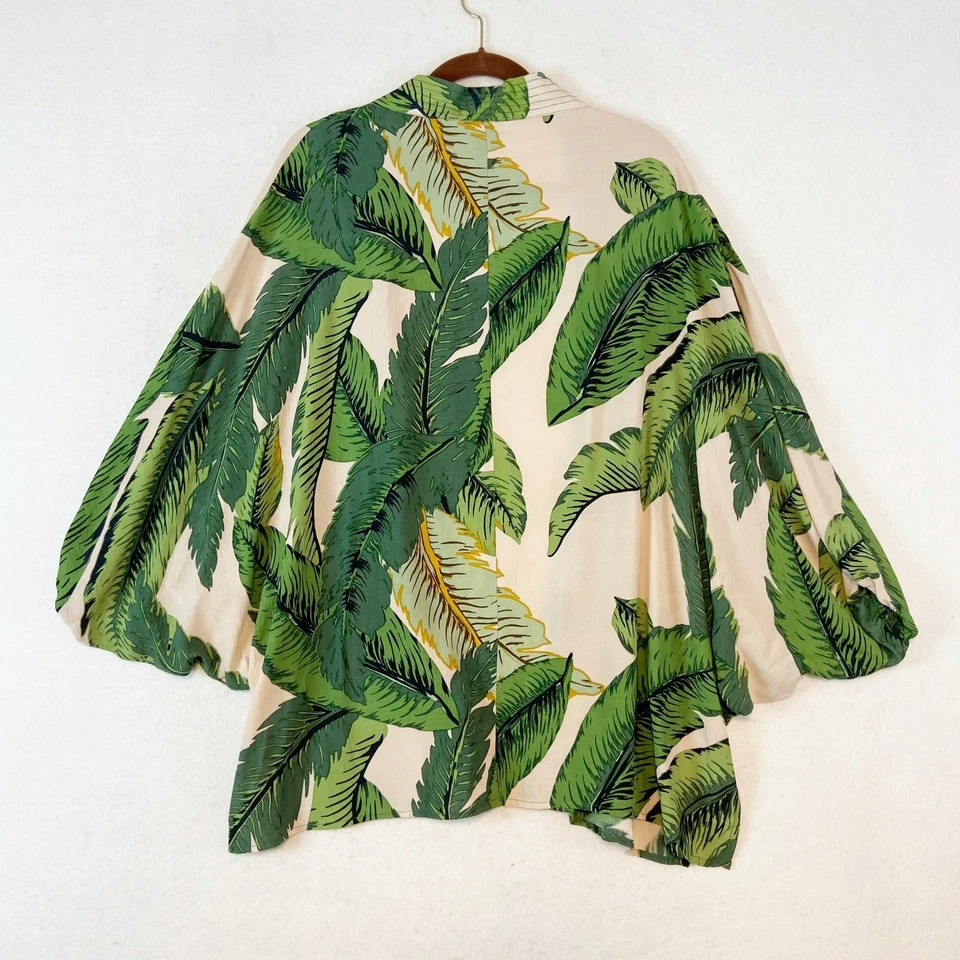 Soft Surroundings Kimono Cardigan L XL Tropical Leaf Print Beige Green Resort - Image 3 of 4