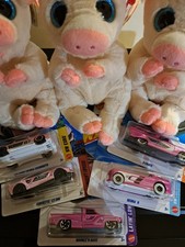 Pink Knik Knacks Lot! Ty Beanie Bellies, Three Little Pigs, Five Pink Hot Wheels