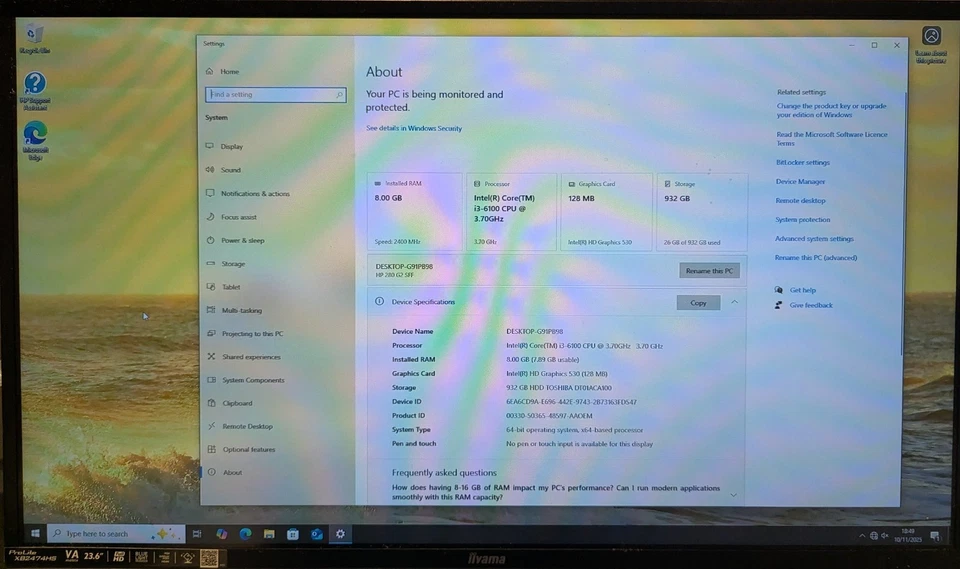 HP 280 G2 SFF Intel Core i3-6100  8GB 1TB HDD Desktop PC - Image 2 of 4