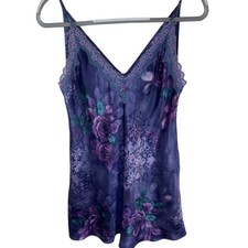 Vintage California Dynasty Purple Floral Lace Trim VNeck Camisole Slip Small