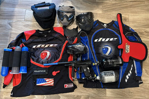 Spyder VS3 Paintball Marker, Halo V35 Hopper, Dye Jerseys & Pictured Gear