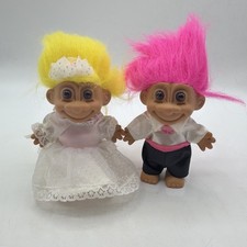 Vintage Russ Bride  Groom 5" Troll Dolls Wedding Gown Tuxedo Yellow Pink Hair