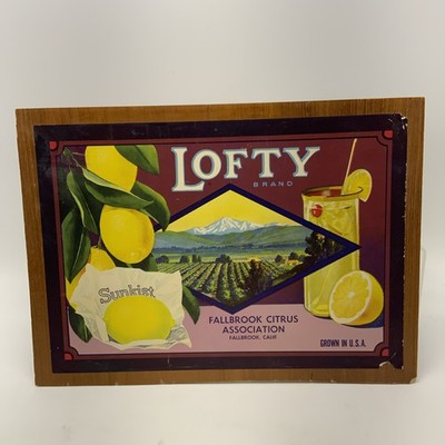 LOFTY LEMON CRATE LABEL FALLBROOK LEMONADE SUNKIST LANDSCAPE ADVERTISING ART 