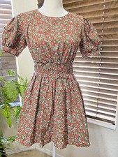 Free People Pennie Mini Dress Floral Brown Puff Sleeve Cotton XS