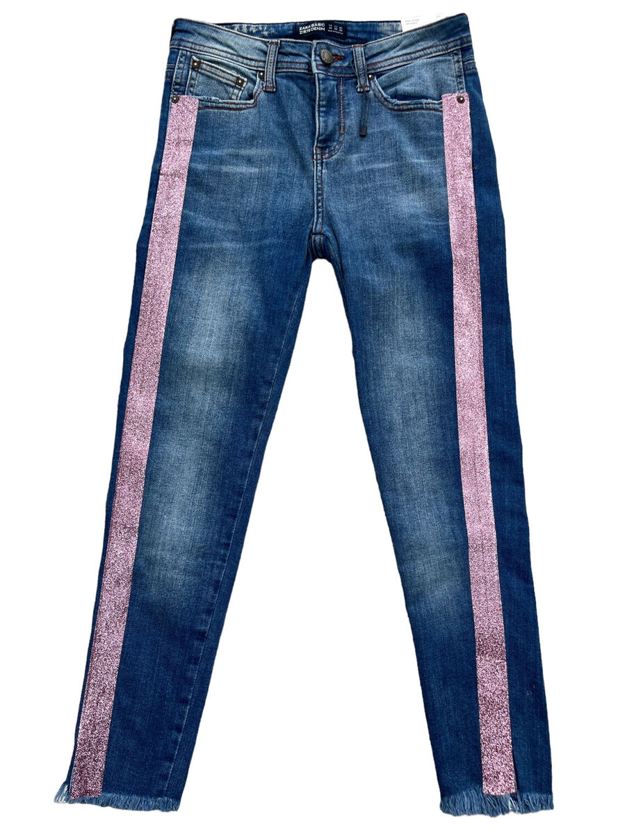 ZARA Basic Mid Rise Skinny Size 4 Pink Glitter Side Stripe ZARA Basic Mid Rise Skinny Size 4 Pink Glitter Side Stripe