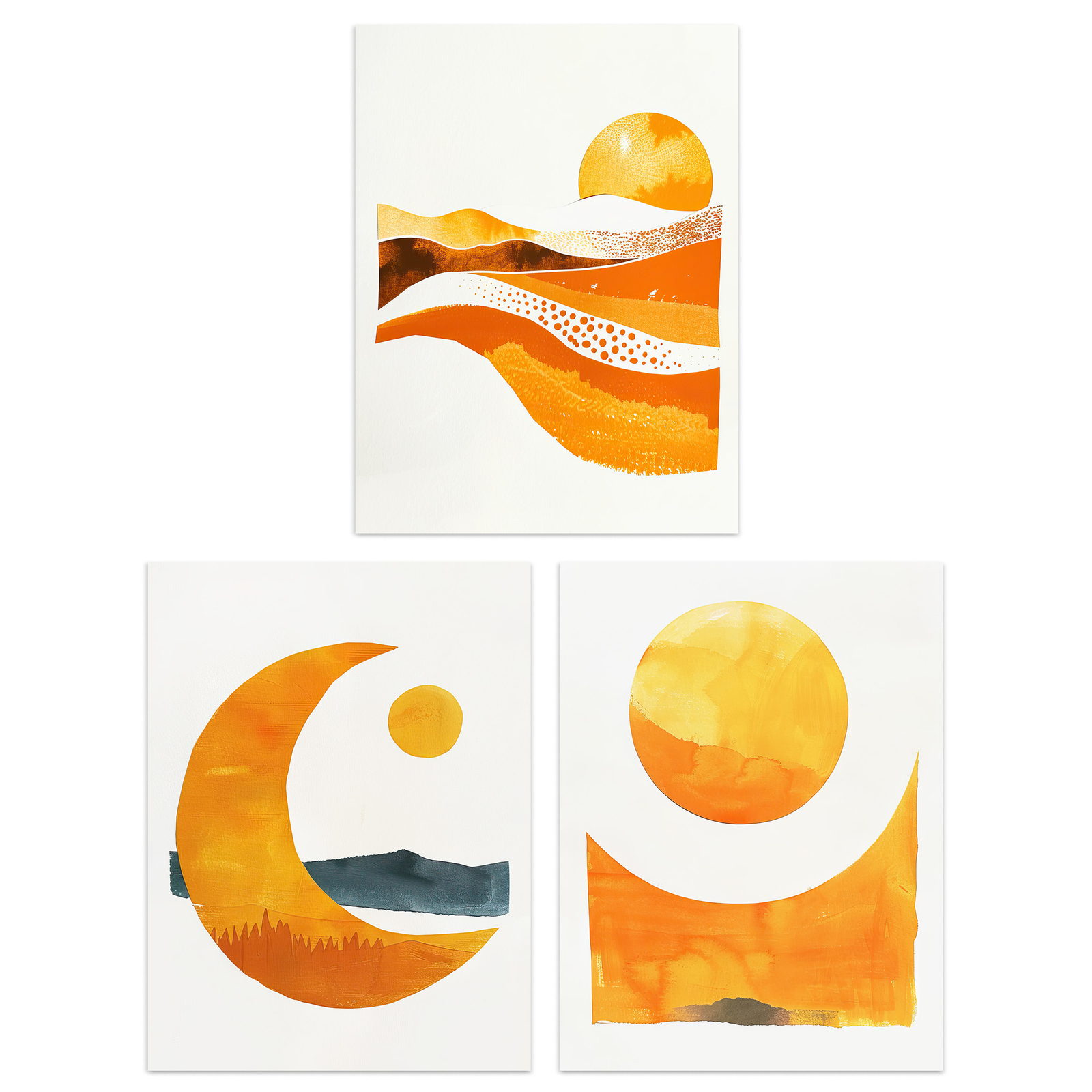 Set of 3 Prints Sun & Moon Amber Gold Modern Living Room Poster Wall Art 12X16""