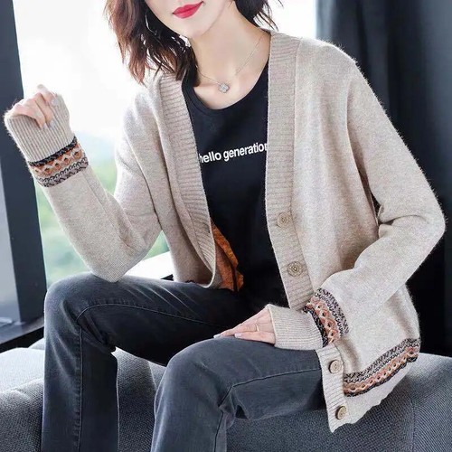 Spring Autumn Solid Color Women Knitted Cardigan Loose V-Neck Button Sweaters - Picture 26 of 28