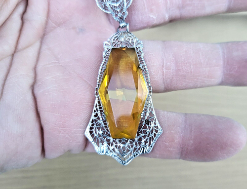 Art Deco Pendant Necklace Rhodium Plated Filigree Prong Set Citrine Glass 1930s - Picture 6 of 23