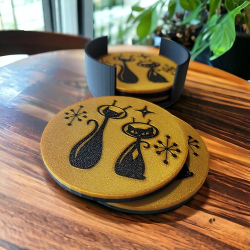 Mid Century Modern Atomic Space Cats MCM Coasters Set of 4 Vintage Style Décor - Afbeelding 5 van 6