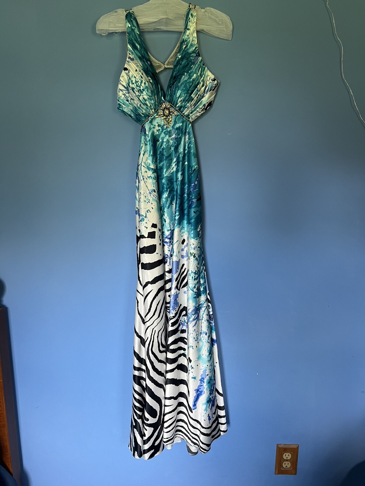 Xcite Strapless Blue Splatter Zebra Print Prom Dr… - image 1
