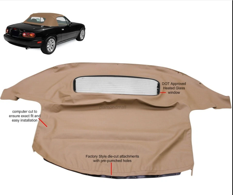 Capota Macia Conversível Serve para Mazda Miata 90-05 com Janela de Vidro Aquecida DOT, Tan - Imagem 2 de 3