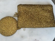 Walborg Beaded Evening Bag Gold 6.5  Attached Mirror Beautiful