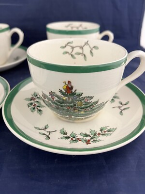 Set of 4 Vintage Spode CHRISTMAS TREE Cups and Saucers - S3324