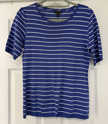 Escada Women's Heather Blue and White Short Sleeve Tee Size Medium Beach