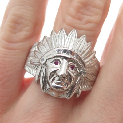 925 Sterlingsilber Rundschliff Rubin Edelstein & C Z Indianer Häuptling Stamm Ring Größe 12