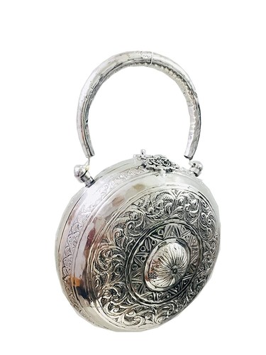 Pochette artigianale in metallo ottone argento piccola borsa da sera con manico robusto - Foto 7 di 9